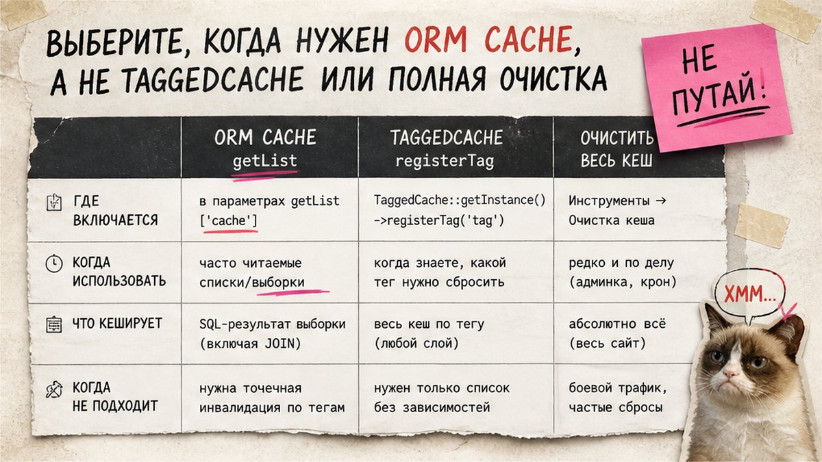 Сравнение ORM cache, TaggedCache и полной очистки кеша в Битрикс