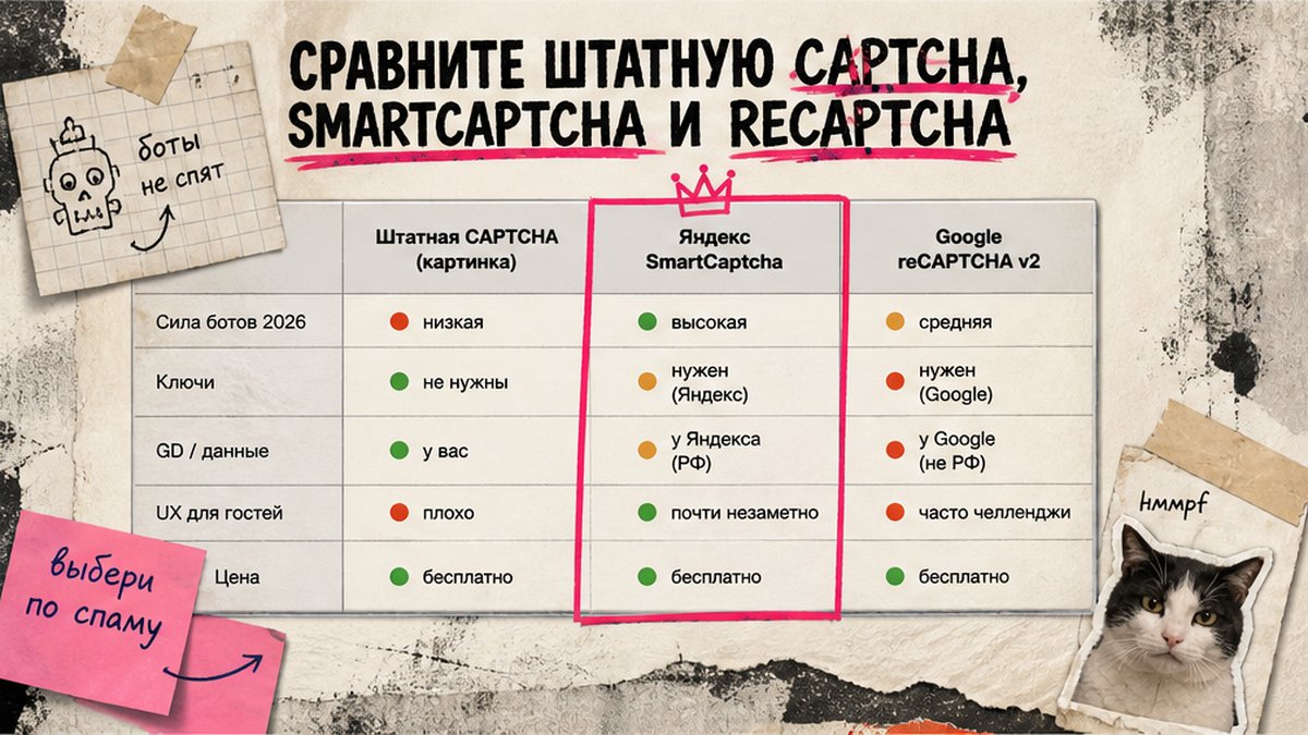 Сравнение штатной CAPTCHA, SmartCaptcha и reCAPTCHA для Битрикс