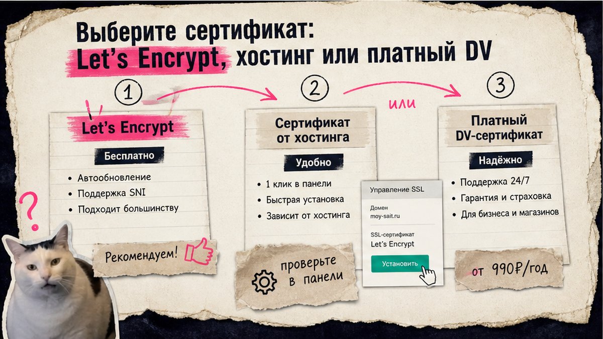 Схема выбора SSL: Let's Encrypt, сертификат хостинга или платный DV