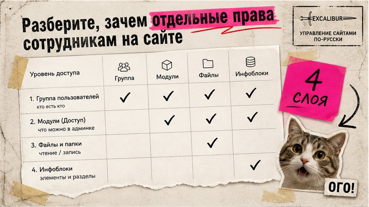 Таблица четырёх слоёв прав: группа, модули, файлы, инфоблоки