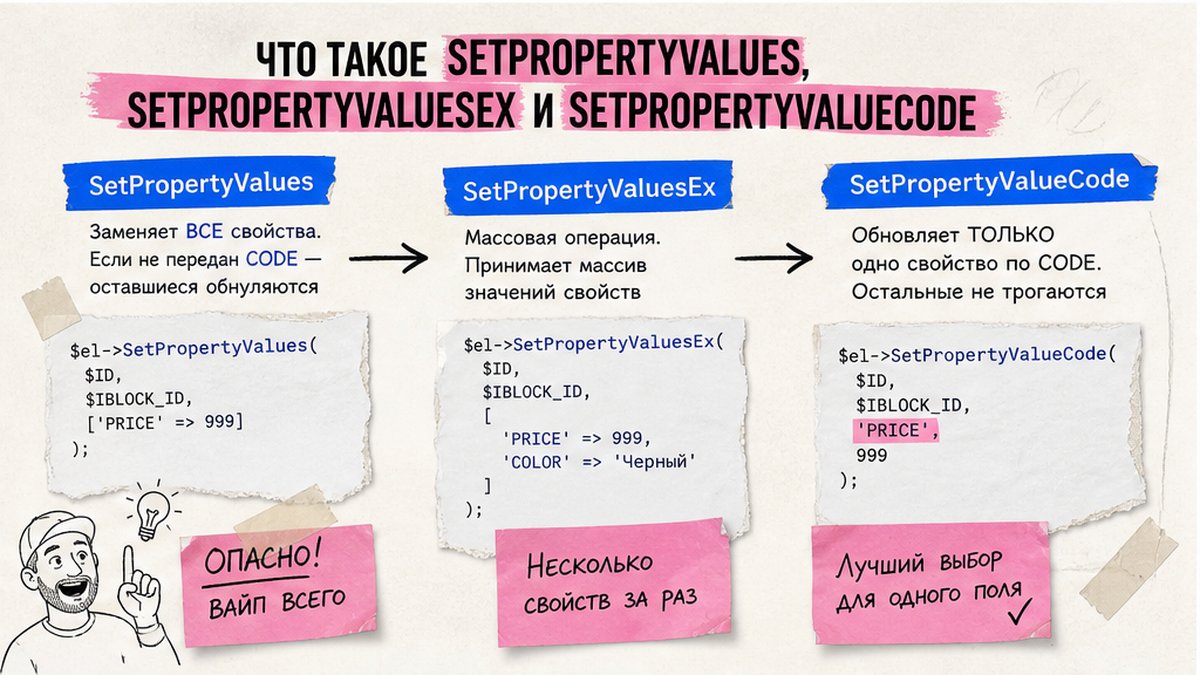Схема трёх методов записи свойств инфоблока в Битрикс