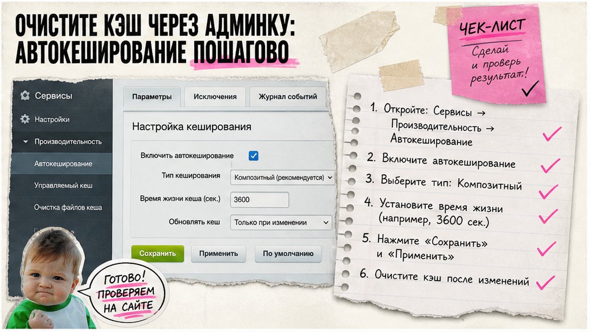 Чеклист пошаговой очистки кэша через Автокеширование в админке Bitrix