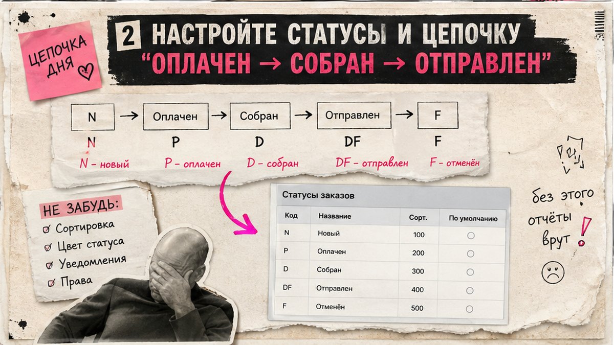 Таблица статусов заказа: от N Принят до F Выполнен в 1С-Битрикс