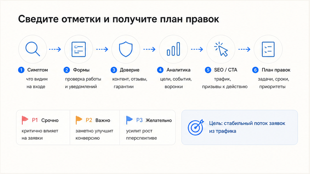 Итог диагностики: приоритет правок форма, доверие, аналитика, SEO