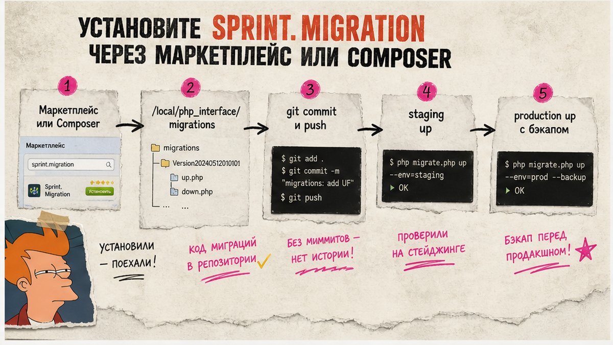 Схема установки sprint.migration: Маркетплейс, Composer, git, staging, production