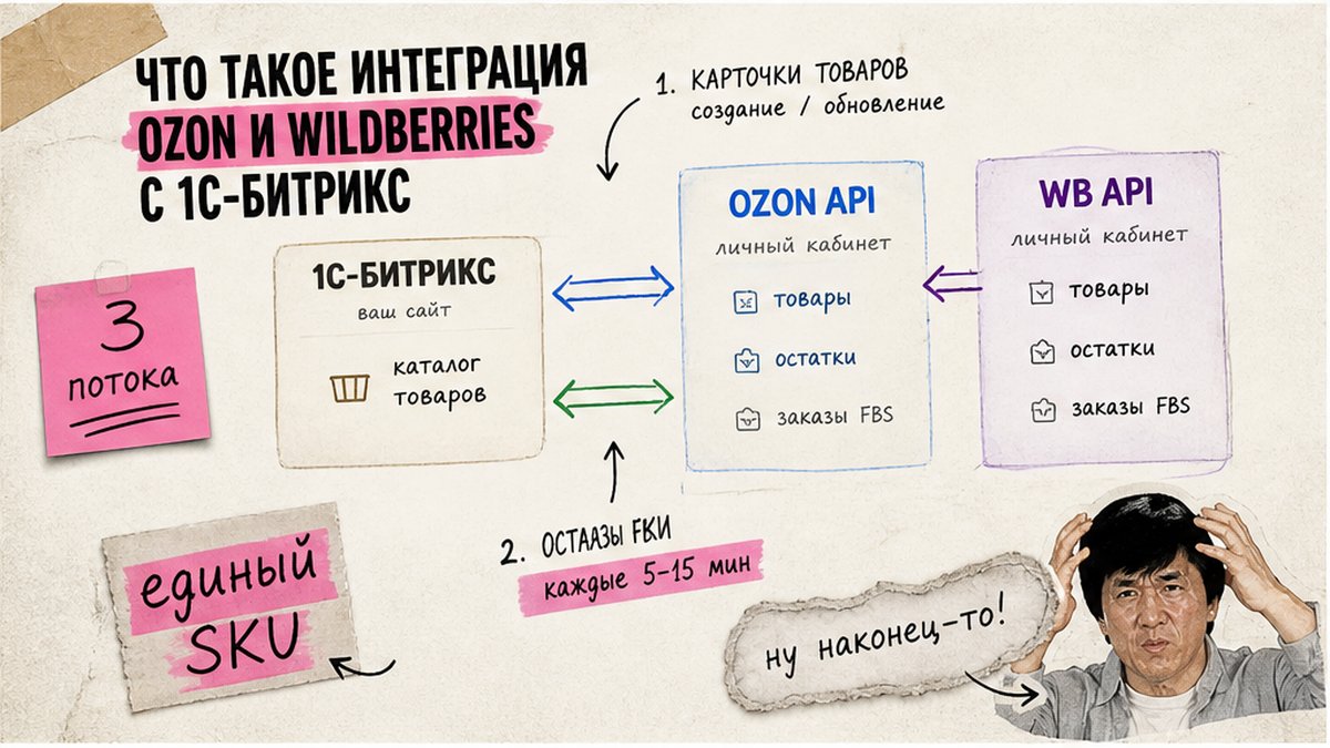 Схема трёх потоков интеграции: карточки, остатки и заказы