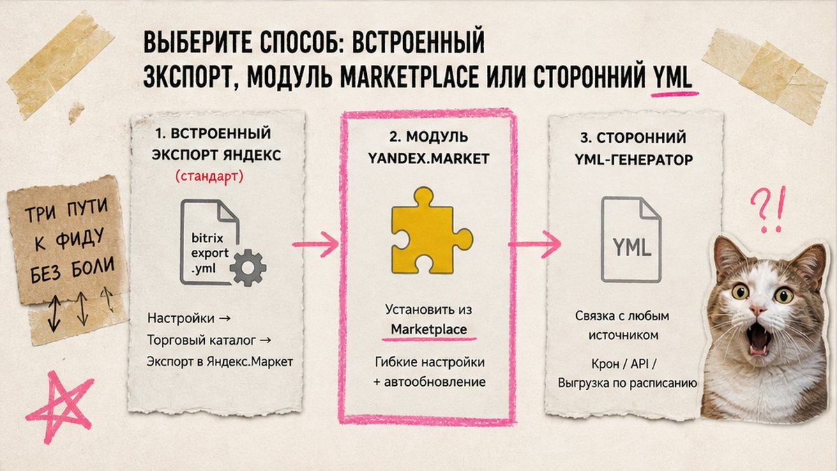Сравнение трёх способов выгрузки каталога из Битрикс в Яндекс Маркет