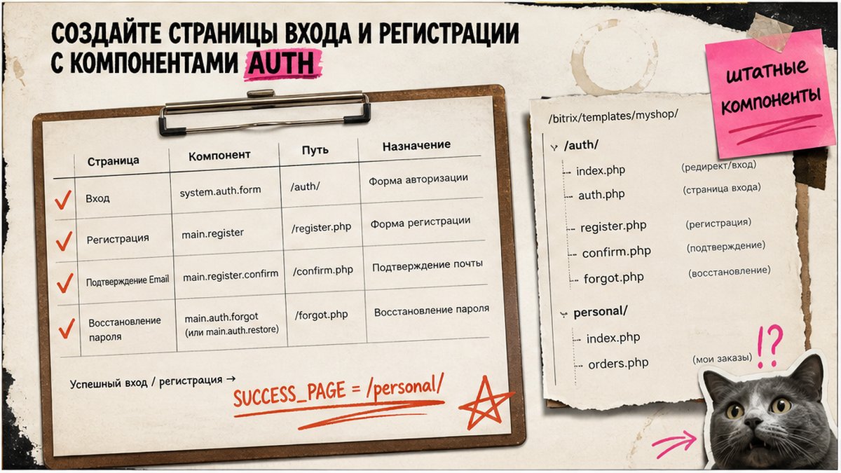 Чеклист страниц auth: main.register, system.auth.form и путь покупателя к заказам