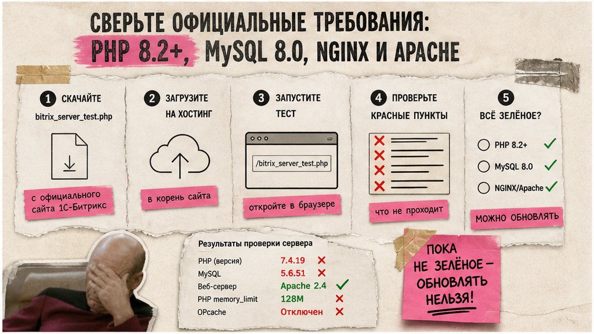 Workflow проверки требований PHP 8.2+ и MySQL 8.0 через bitrix_server_test.php