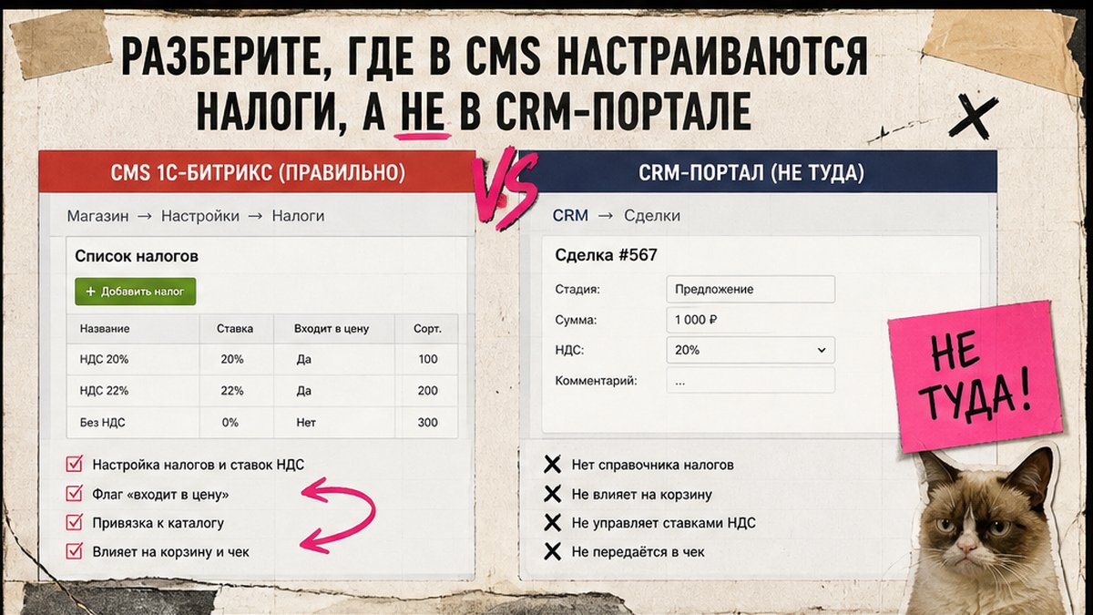 Сравнение: налоги в CMS Битрикс vs CRM-портал — где настраивать НДС