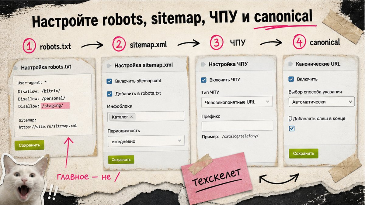 Схема настройки robots, sitemap, ЧПУ и canonical в Битрикс