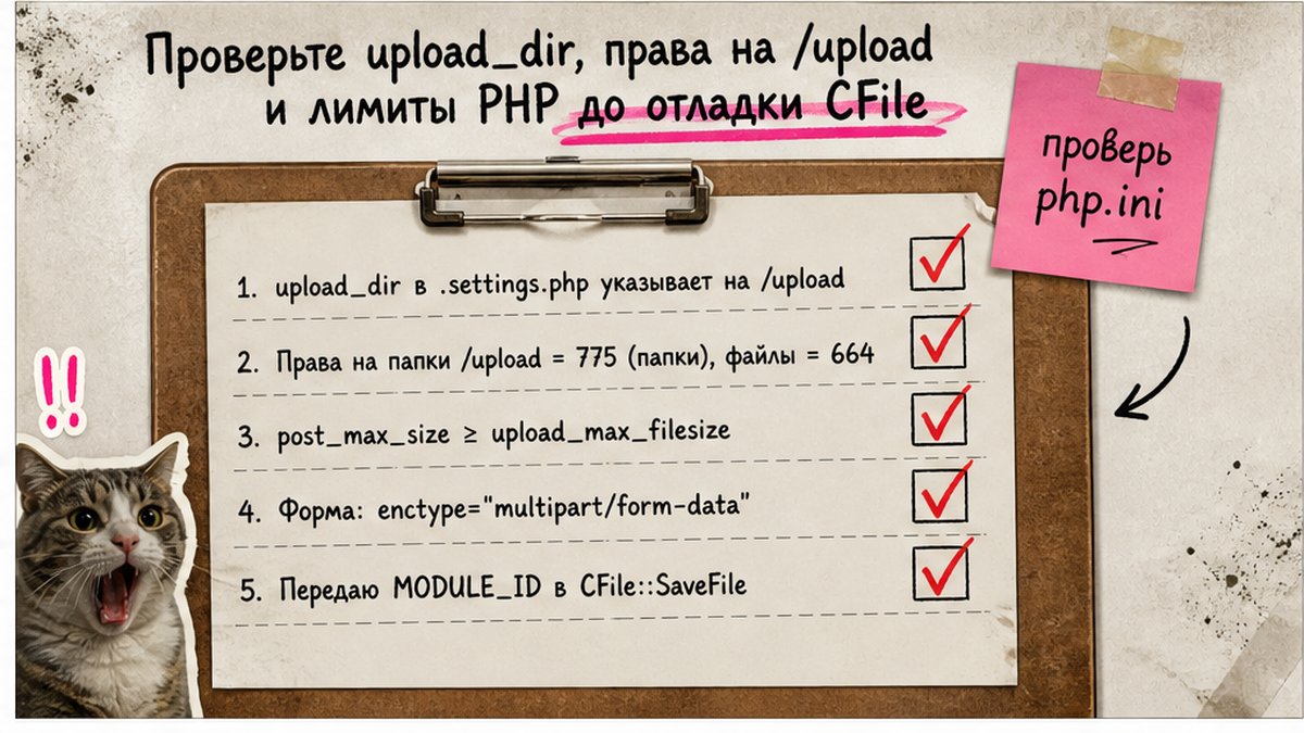 Чеклист: upload_dir, права /upload, лимиты PHP и MODULE_ID перед SaveFile