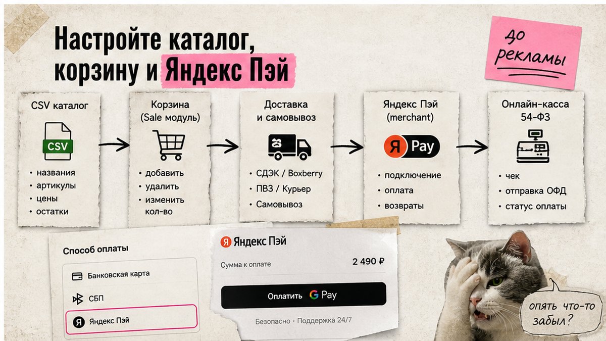 Схема каталога, корзины и Яндекс Пэй в магазине Битрикс