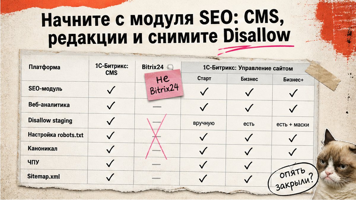 Сравнение редакций Битрикс и SEO-модуля: CMS vs CRM-портал, снятие Disallow