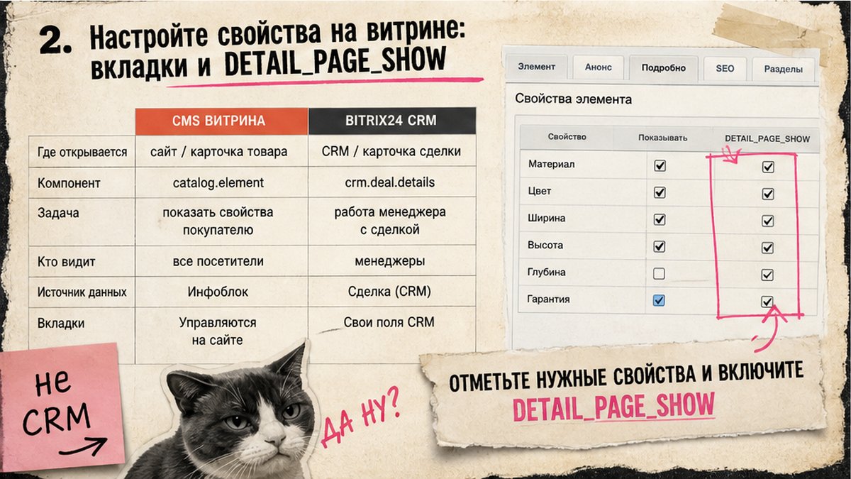 Таблица CMS-витрина vs CRM и настройка DETAIL_PAGE_SHOW для свойств товара