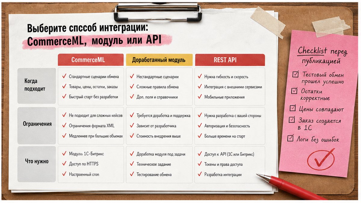 Чеклист выбора интеграции: CommerceML, модуль 1С или API