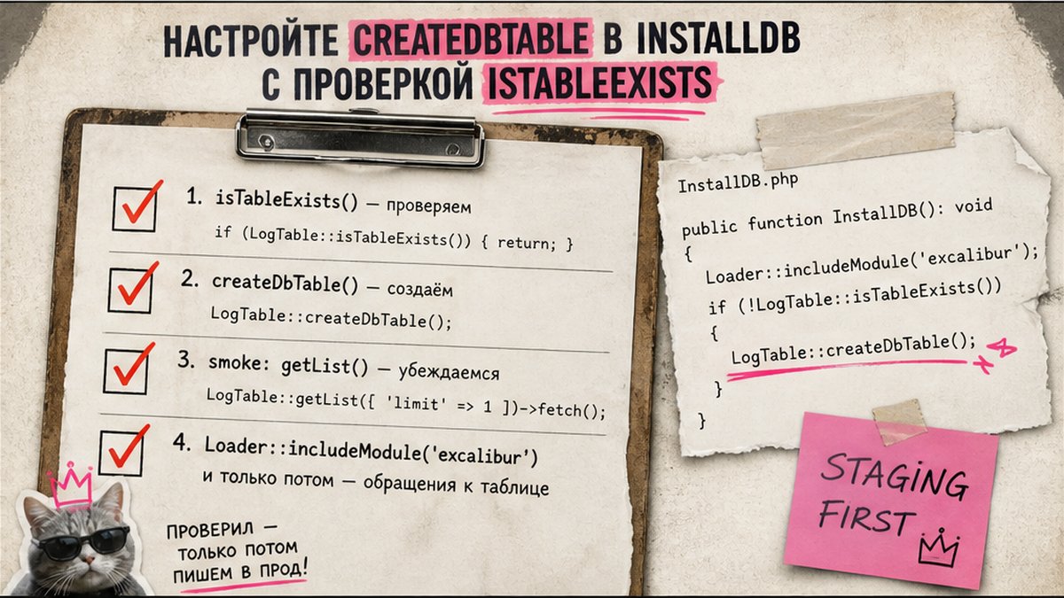 Чеклист: createDbTable в InstallDB с проверкой isTableExists перед prod