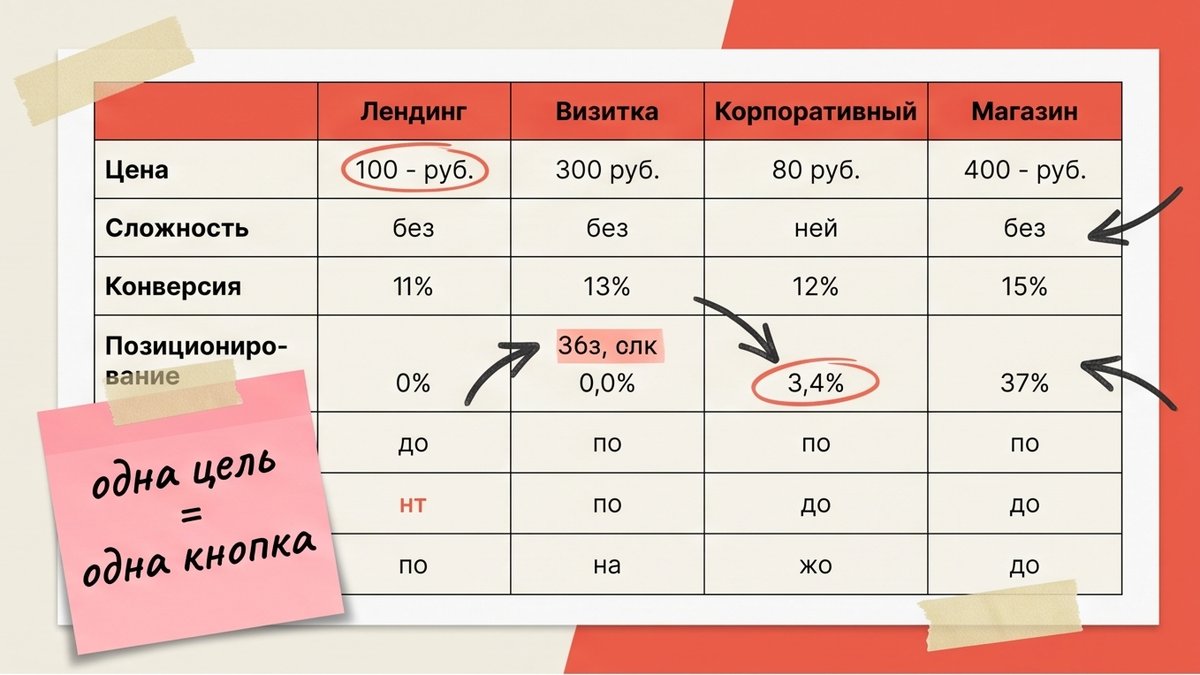 Таблица типов сайта для бизнеса: лендинг, визитка, корпоратив, интернет-магазин