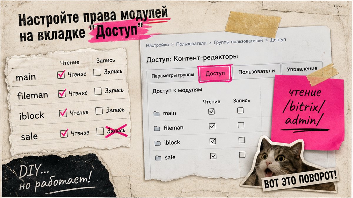 Чеклист прав модулей на вкладке Доступ в группе Битрикс