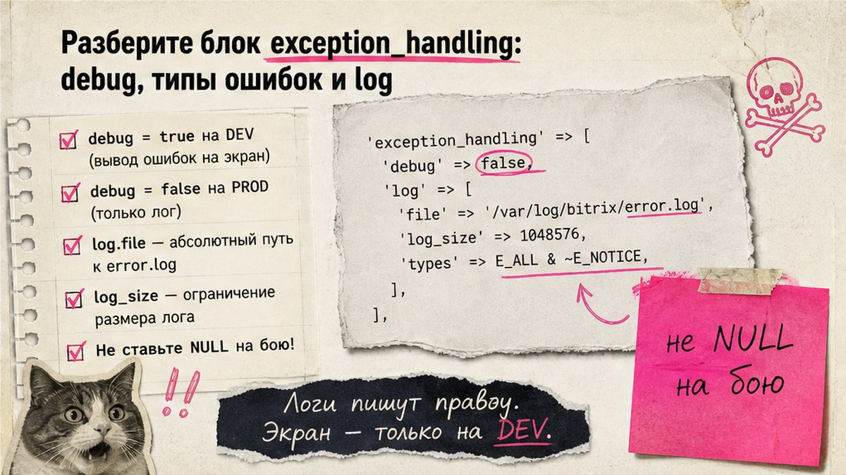 Чеклист блока exception_handling: debug, log.file и типы ошибок в .settings.php