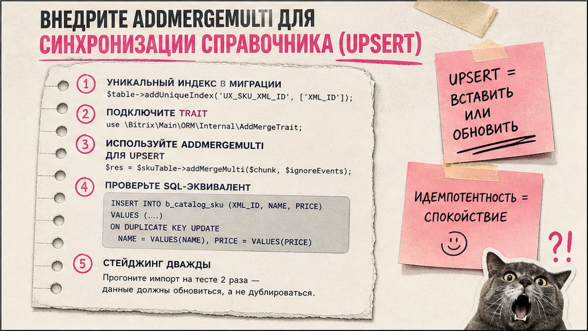 Чеклист внедрения addMergeMulti для upsert-синхронизации справочника в D7 ORM