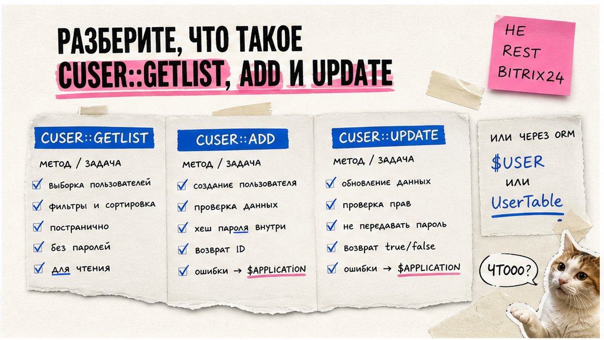 Таблица сравнения: CUser::GetList, Add и Update в 1С-Битрикс