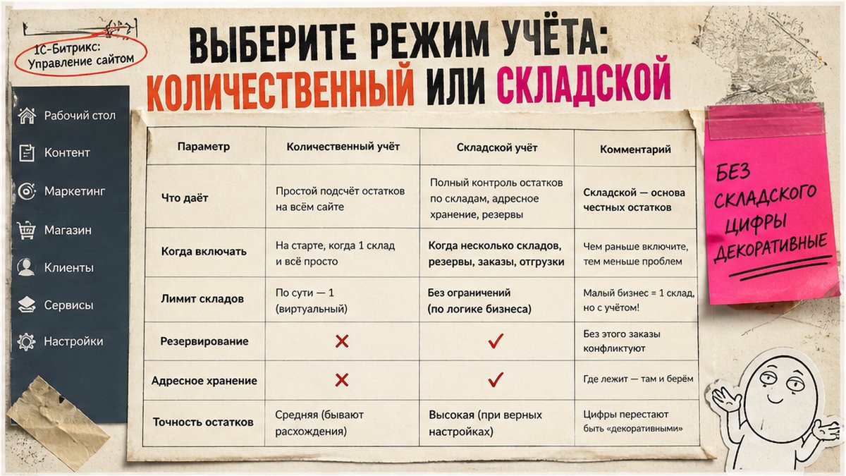 Сравнение режимов учёта: количественный и складской в 1С-Битрикс