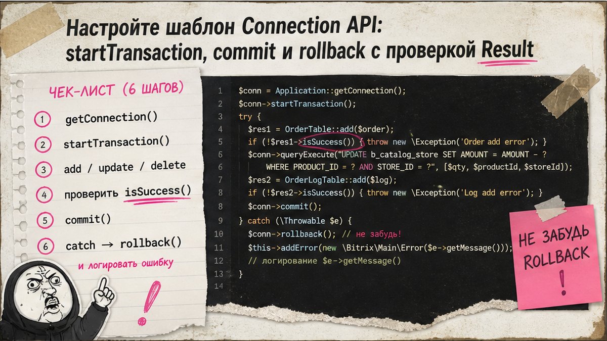 Чеклист шаблона Connection API: startTransaction, commitTransaction, rollbackTransaction и проверка Result