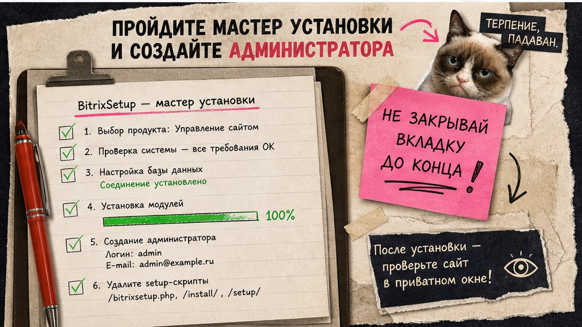 Чеклист прохождения мастера установки 1С-Битрикс и создания администратора