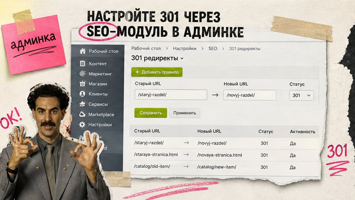 UI-мокап SEO-модуля Битрикс: форма правила 301-редиректа