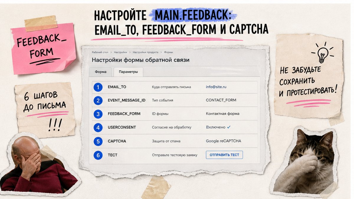 Схема настройки main.feedback на 1С-Битрикс по шагам