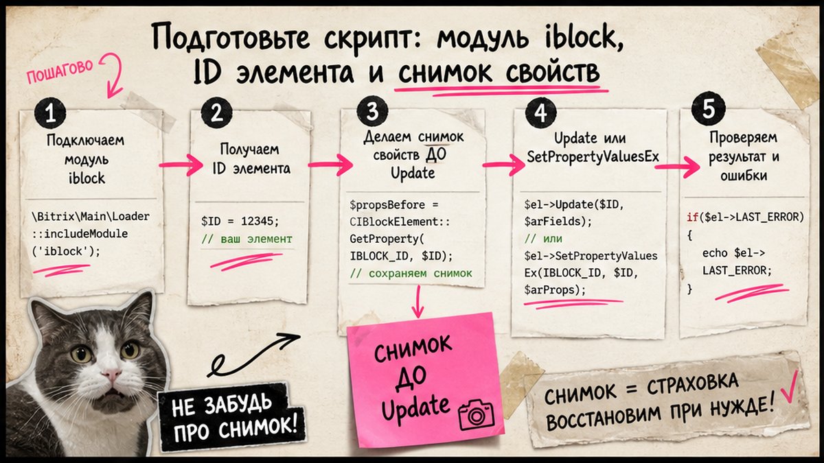 Схема подготовки скрипта: модуль iblock, ID элемента и снимок свойств перед Update