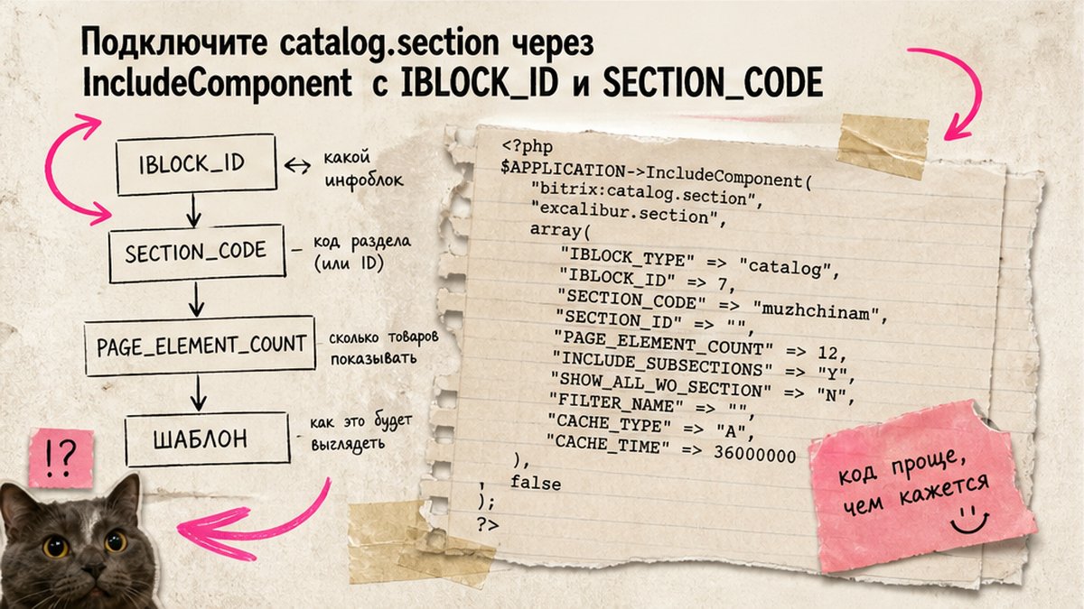Схема подключения catalog.section через IncludeComponent с IBLOCK_ID и SECTION_CODE