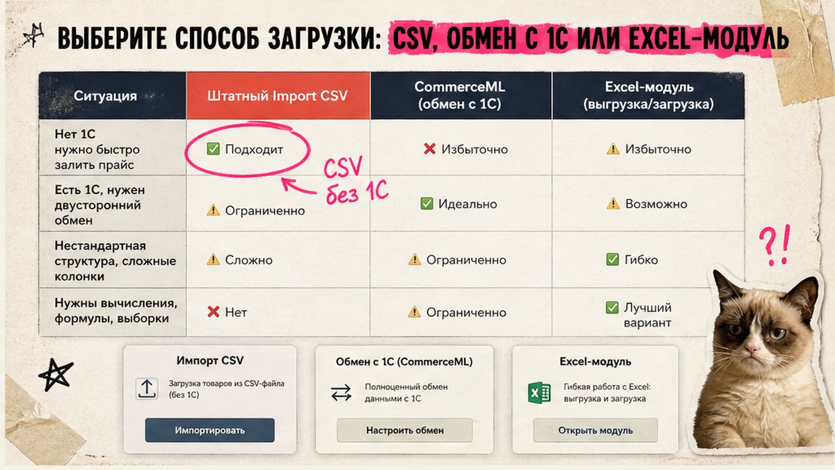 Сравнение способов загрузки каталога: CSV, обмен с 1С и Excel-модуль