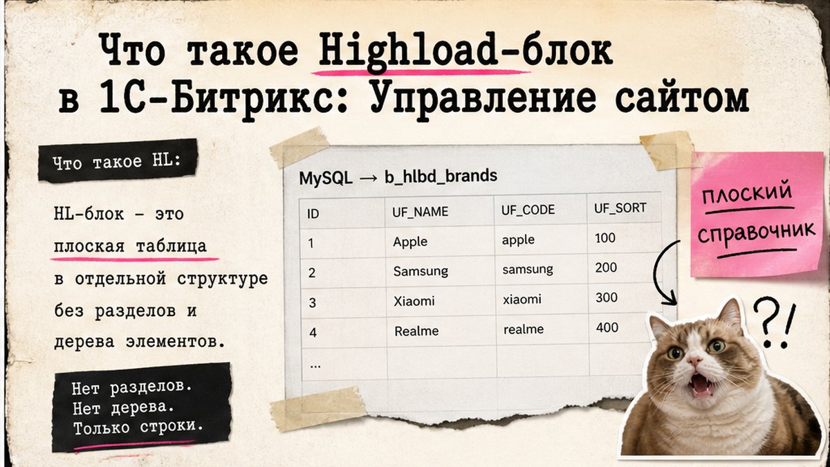 Схема Highload-блока: отдельная таблица MySQL с полями UF без иерархии инфоблока