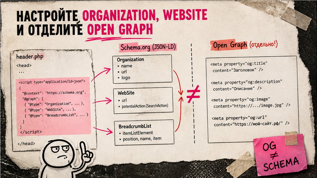Workflow: Organization, WebSite, BreadcrumbList и отдельный слой Open Graph на Битрикс