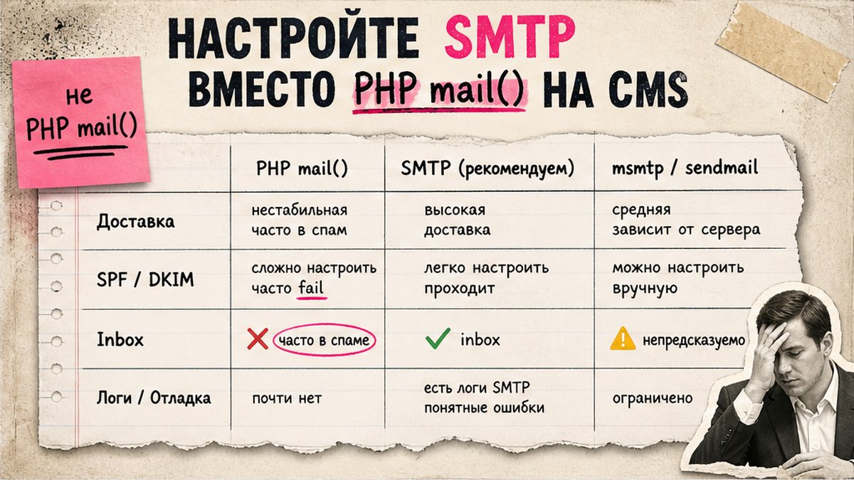 Сравнение PHP mail(), SMTP и msmtp для почты на Битрикс