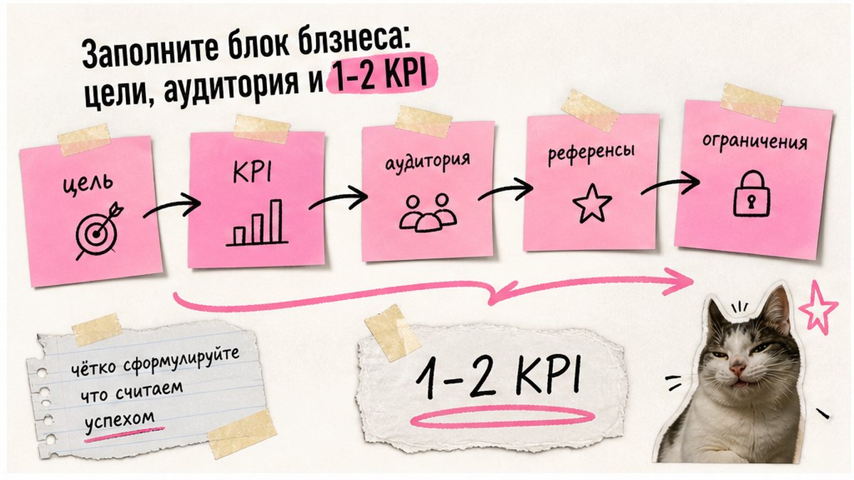 Схема блока бизнеса в ТЗ: цель, KPI, аудитория и ограничения