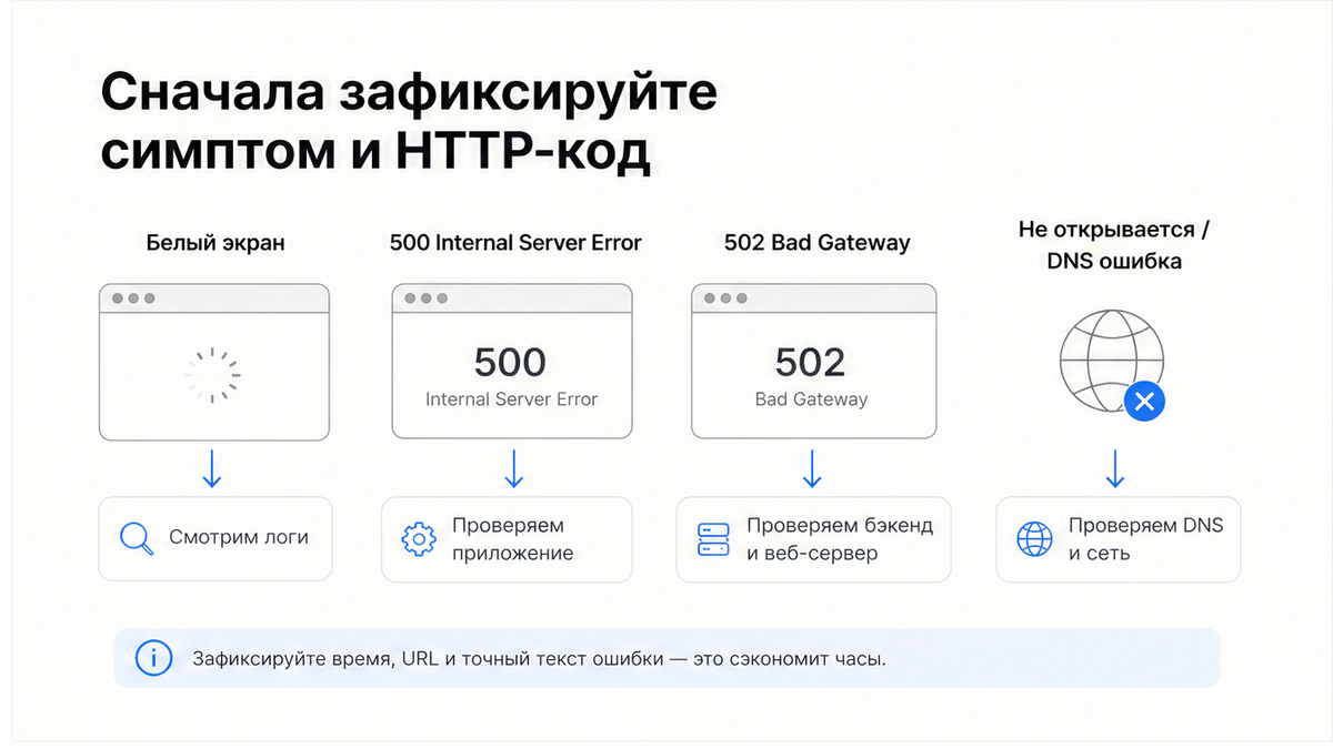Сравнение симптомов: белый экран, 500, 502, DNS и следующий шаг