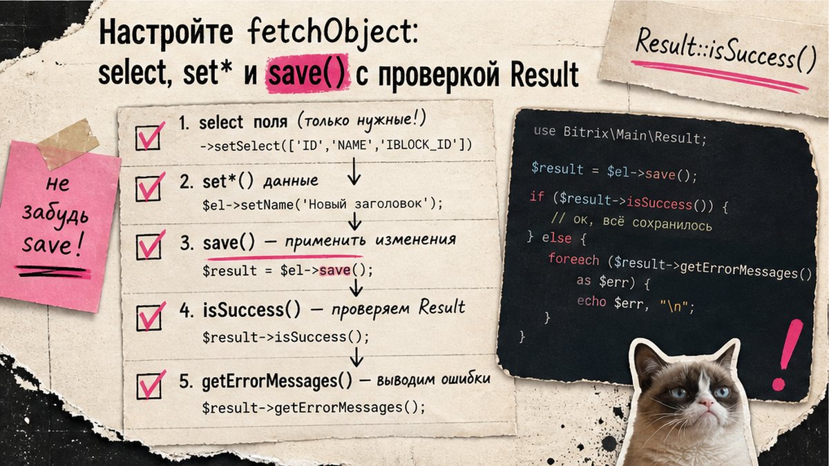 Чеклист настройки fetchObject: select, set и save с проверкой Result в D7 ORM