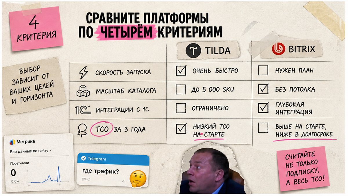 Таблица сравнения Tilda и Bitrix по четырём критериям