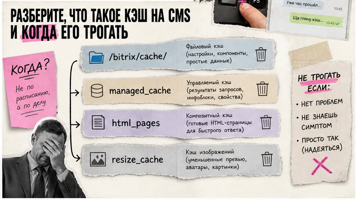 Схема слоёв кэша Bitrix: файловый, managed, композит и resize_cache