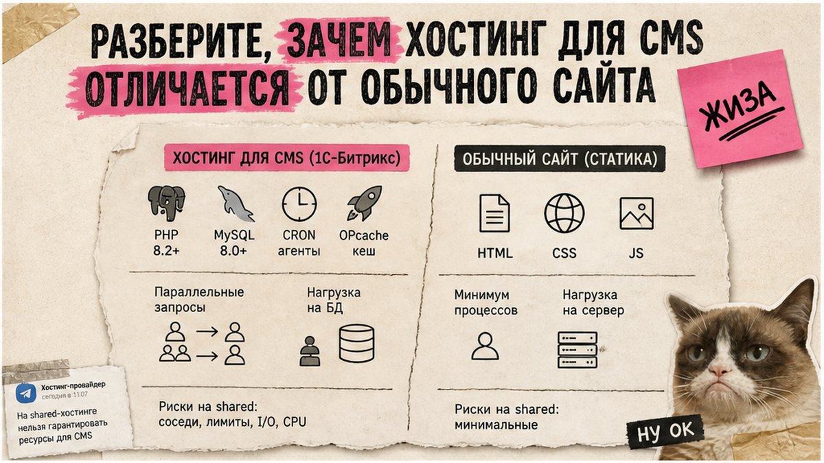 Сравнение хостинга для CMS Битрикс и обычного сайта: PHP, MySQL, cron и нагрузка