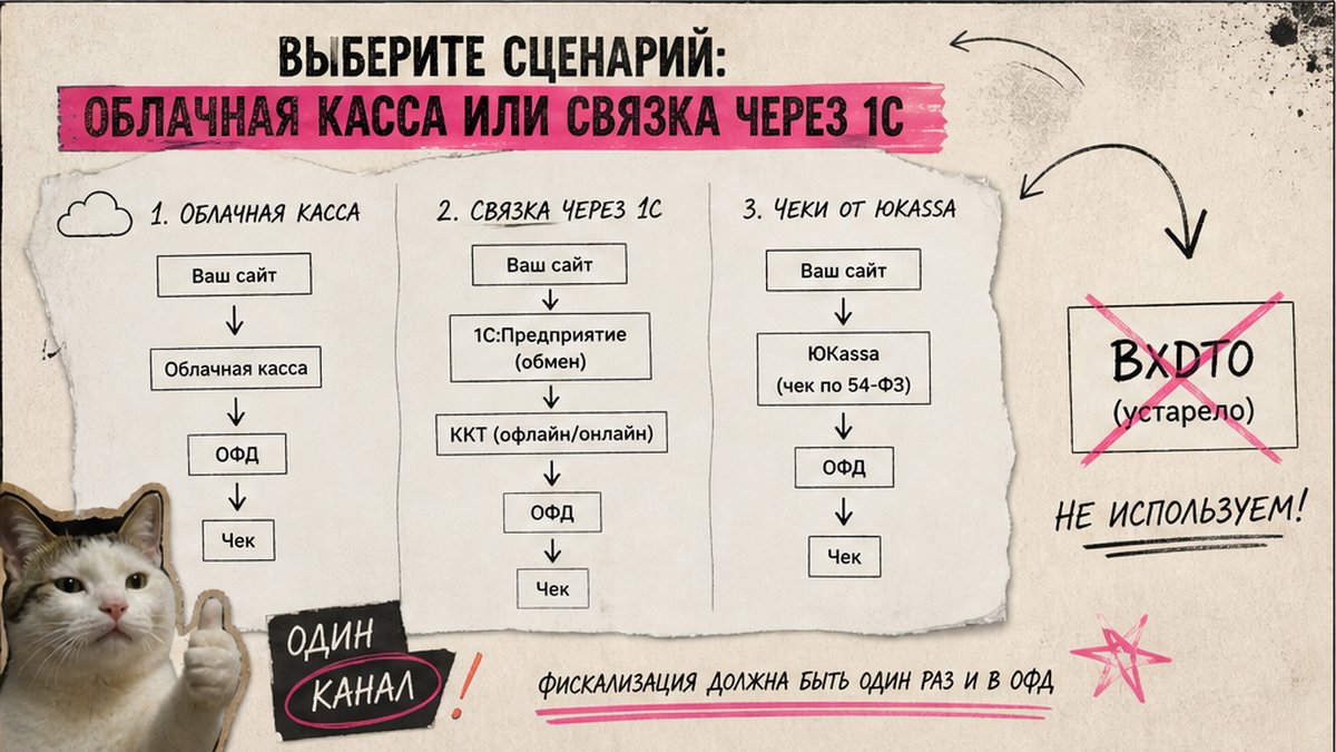 Схема выбора сценария фискализации: облачная касса, 1С или ЮKassa