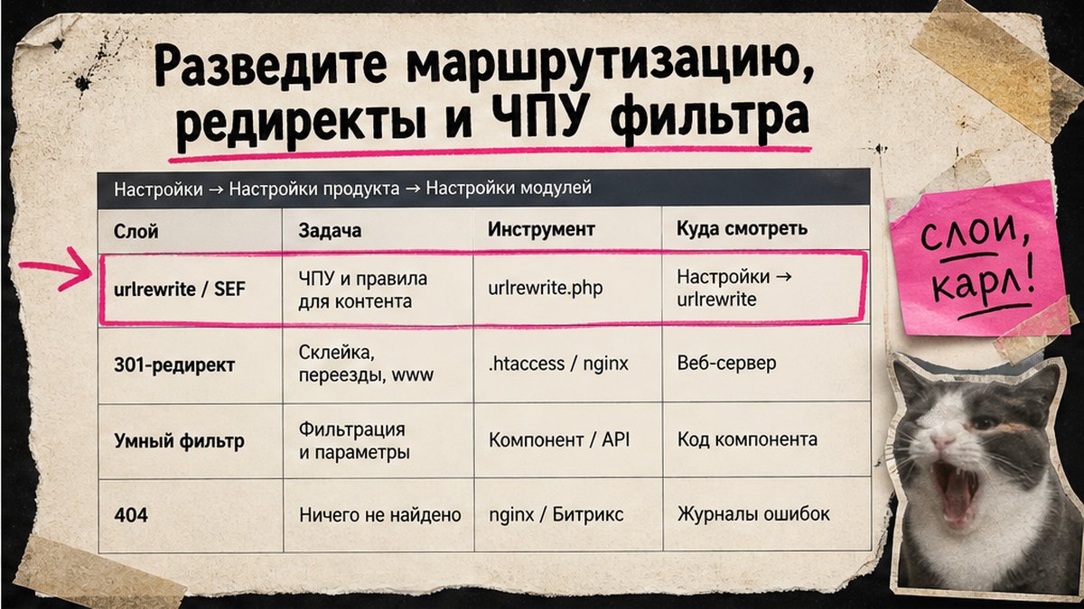 Таблица сравнения: маршрутизация ЧПУ, 301-редиректы, фильтр каталога и страница 404 в Битрикс
