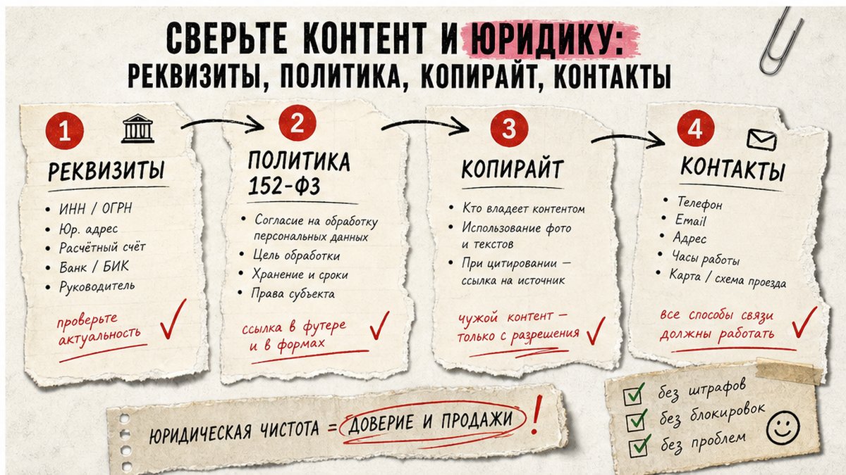Схема проверки контента и юридики: реквизиты, политика, копирайт, контакты