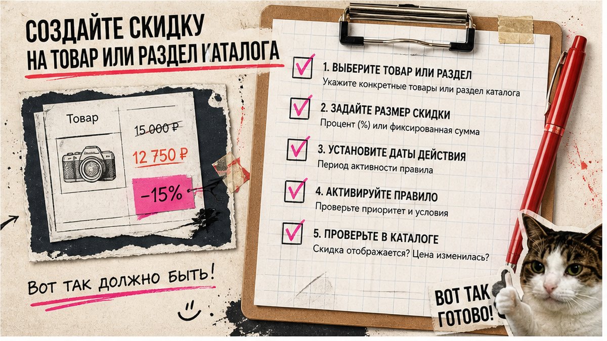Чеклист создания скидки на товар или раздел каталога в Битрикс