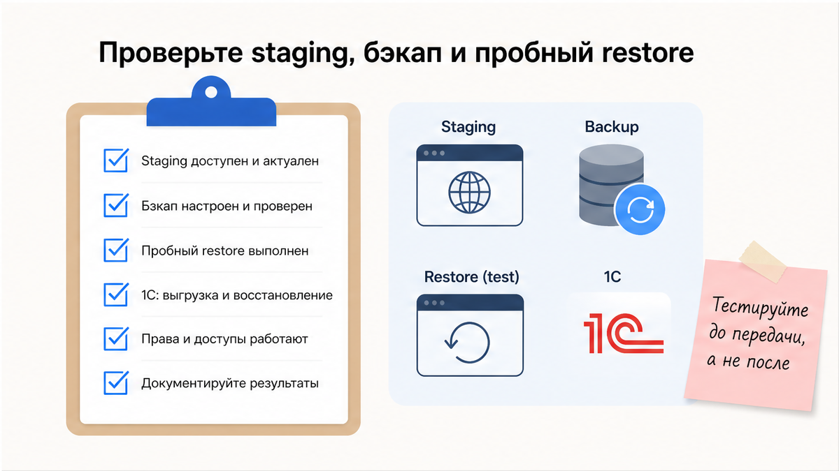 Чеклист staging, бэкап и пробный restore
