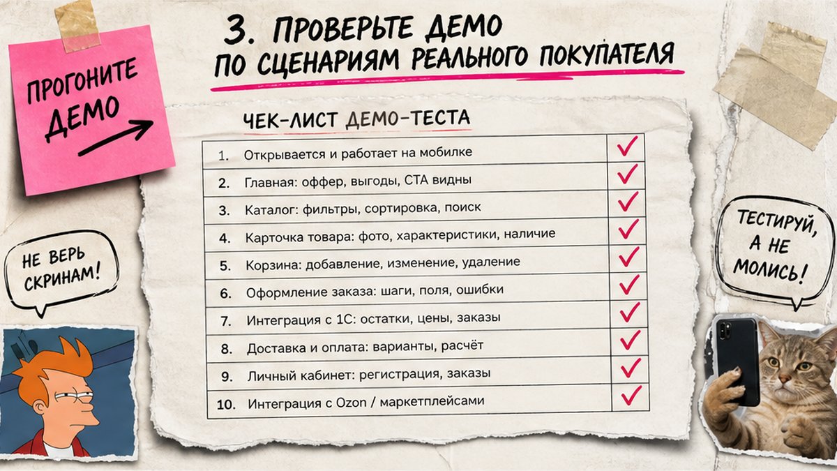Чек-лист проверки демо шаблона Битрикс по сценариям реального покупателя