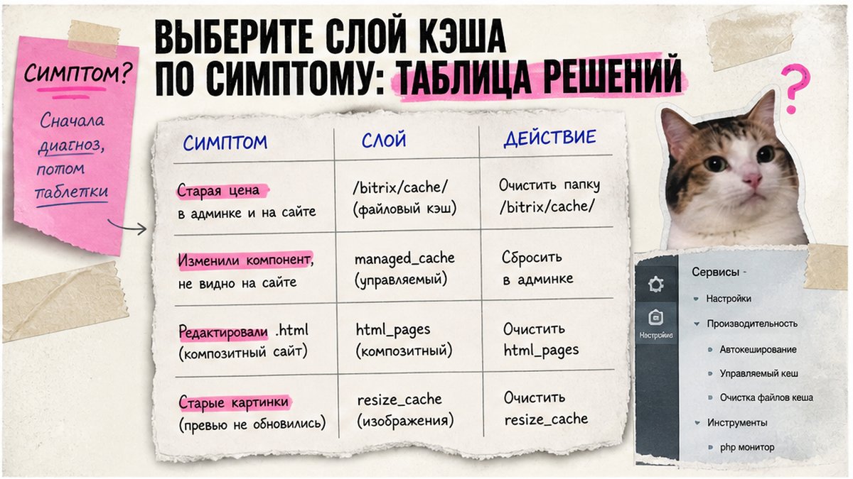 Таблица решений: симптом, слой кэша Bitrix и действие по сбросу